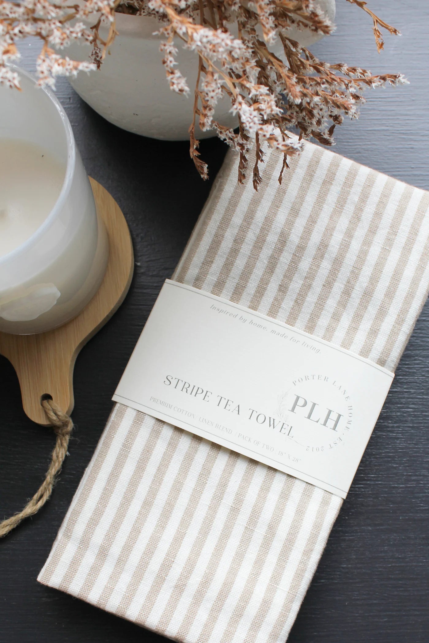 Stripe Tea Towel Set - Tan Cotton Linen Blend (2-Pack)