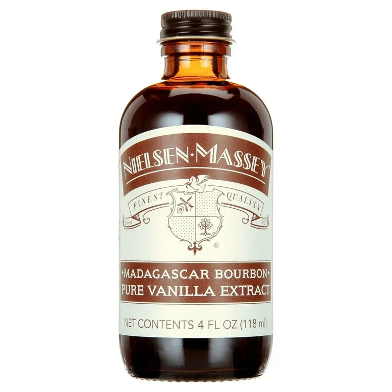 Nielsen-Massey Madagascar Bourbon pure vanilla extract 4 oz amber glass bottle with brown and cream label