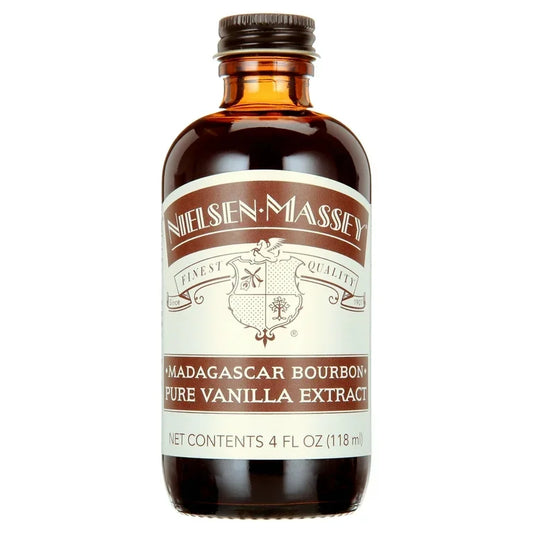 Nielsen-Massey Madagascar Bourbon pure vanilla extract 4 oz amber glass bottle with brown and cream label