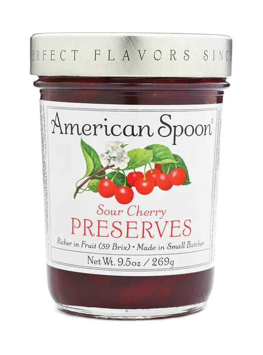 Jar of American Spoon Sour Cherry Preserves with cherry and leaf illustration on label