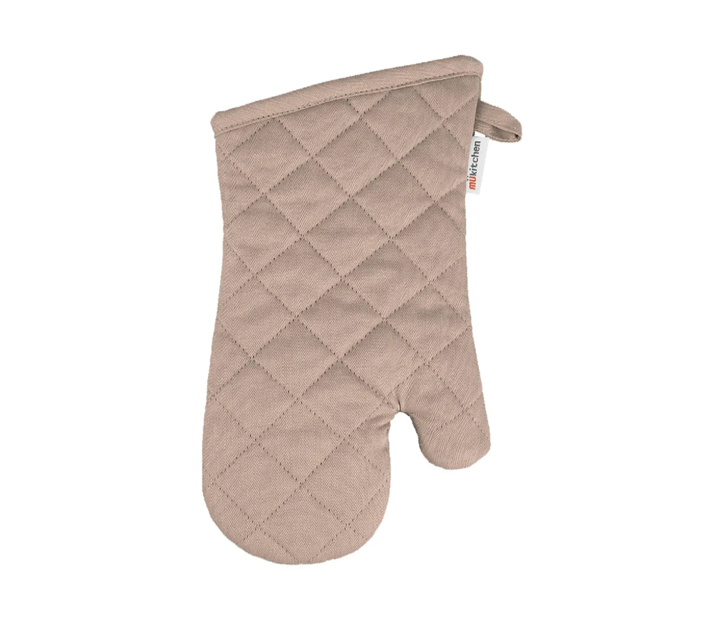 Beige quilted cotton oven mitt with stitched diamond pattern and hanging loop