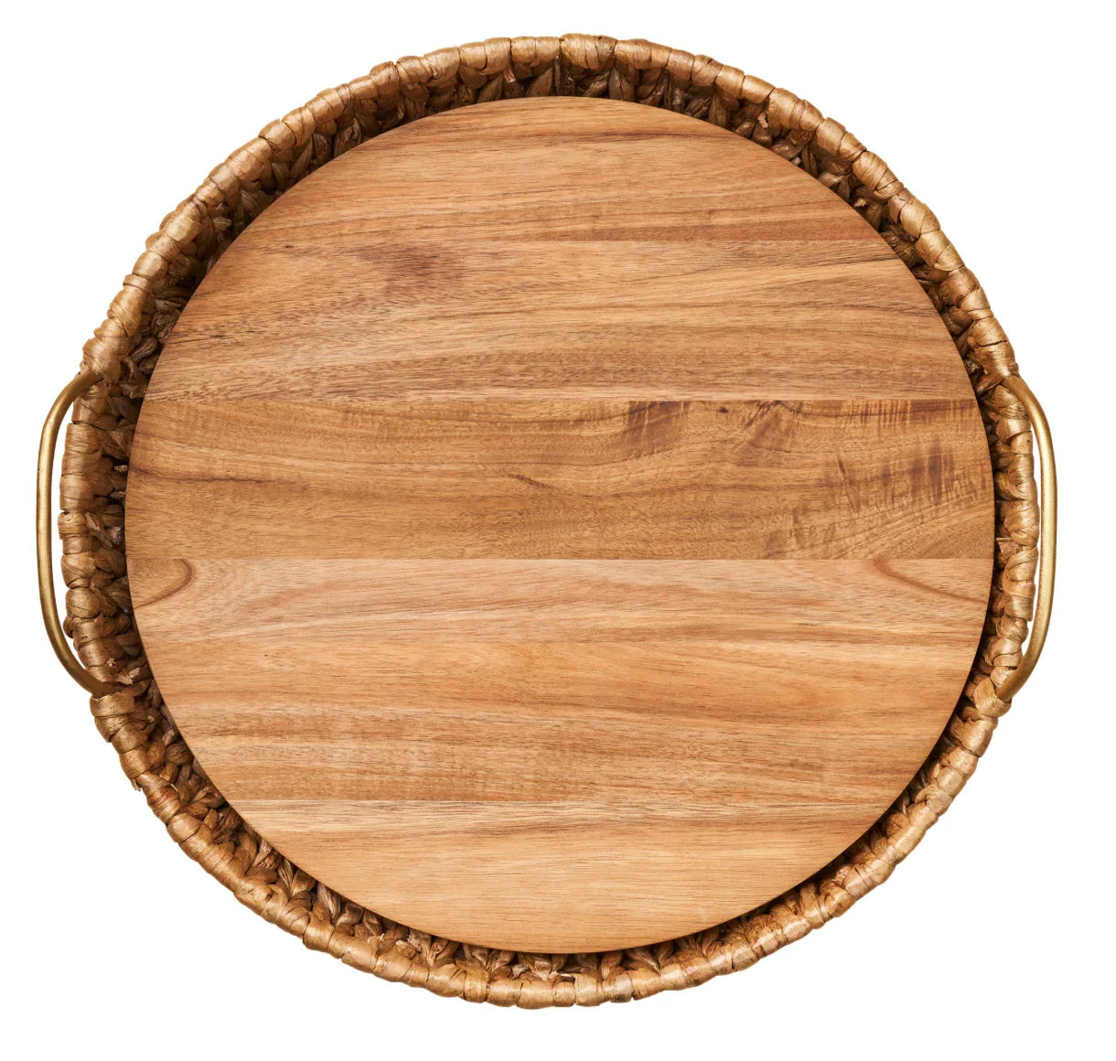 Water Hyacinth Round Tray w/ Metal Handles Acacia Wood Liner - Marcel’s Culinary Experience