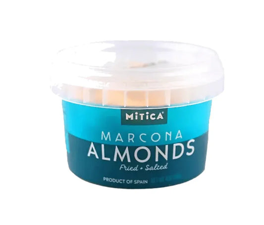 Mitica Marcona fried and salted almonds in a blue round plastic container, product of Spain