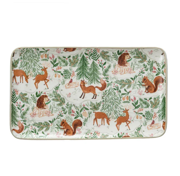 Stoneware Platter w/ Woodland Flora/Fauna Pattern, Multi Color - Marcel’s Culinary Experience
