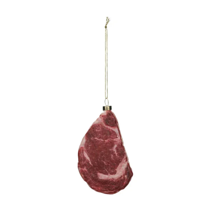 Glass Rib Eye Steak Ornament w/ Glitter - Marcel’s Culinary Experience