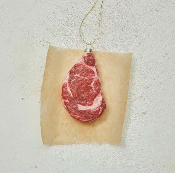 Glass Rib Eye Steak Ornament w/ Glitter - Marcel’s Culinary Experience