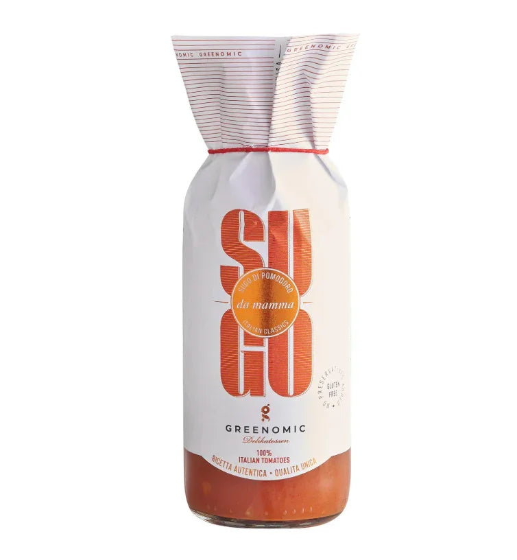 Greenomic Sugo da Mamma Italian tomato sauce jar with white paper cover and red text