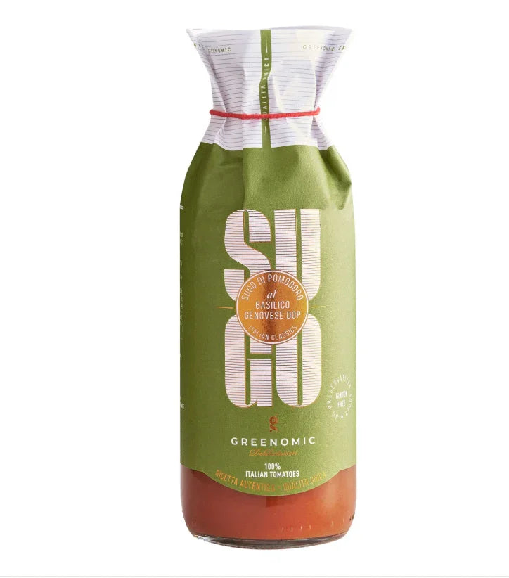 Green bottle of Sugò Italian tomato sauce with basilico Genovese DOP label