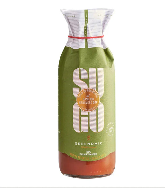 Green bottle of Sugò Italian tomato sauce with basilico Genovese DOP label