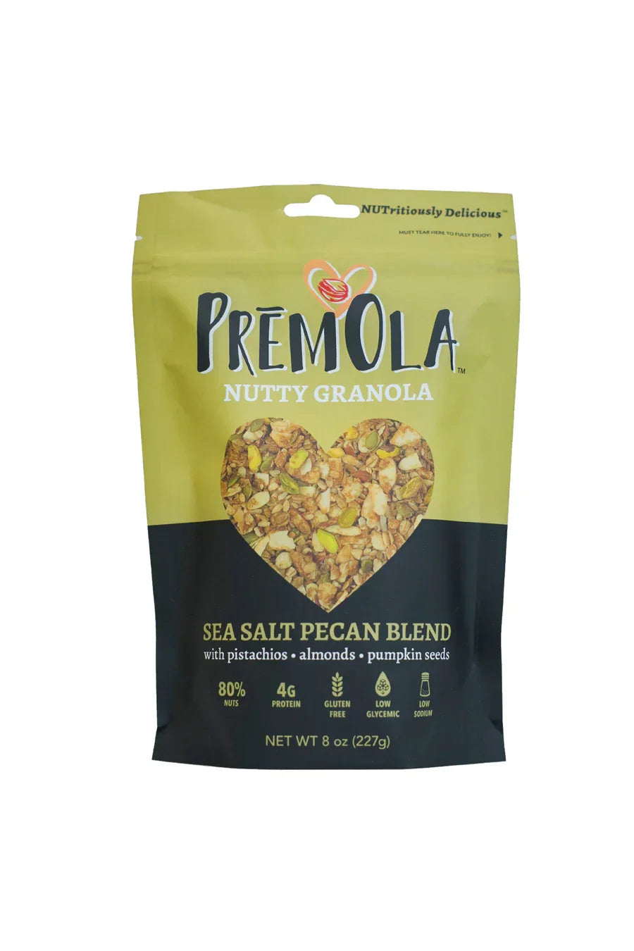 Premola Nutty Granola Sea Salt Pecan Blend with pistachios, almonds, pumpkin seeds, 8 oz bag