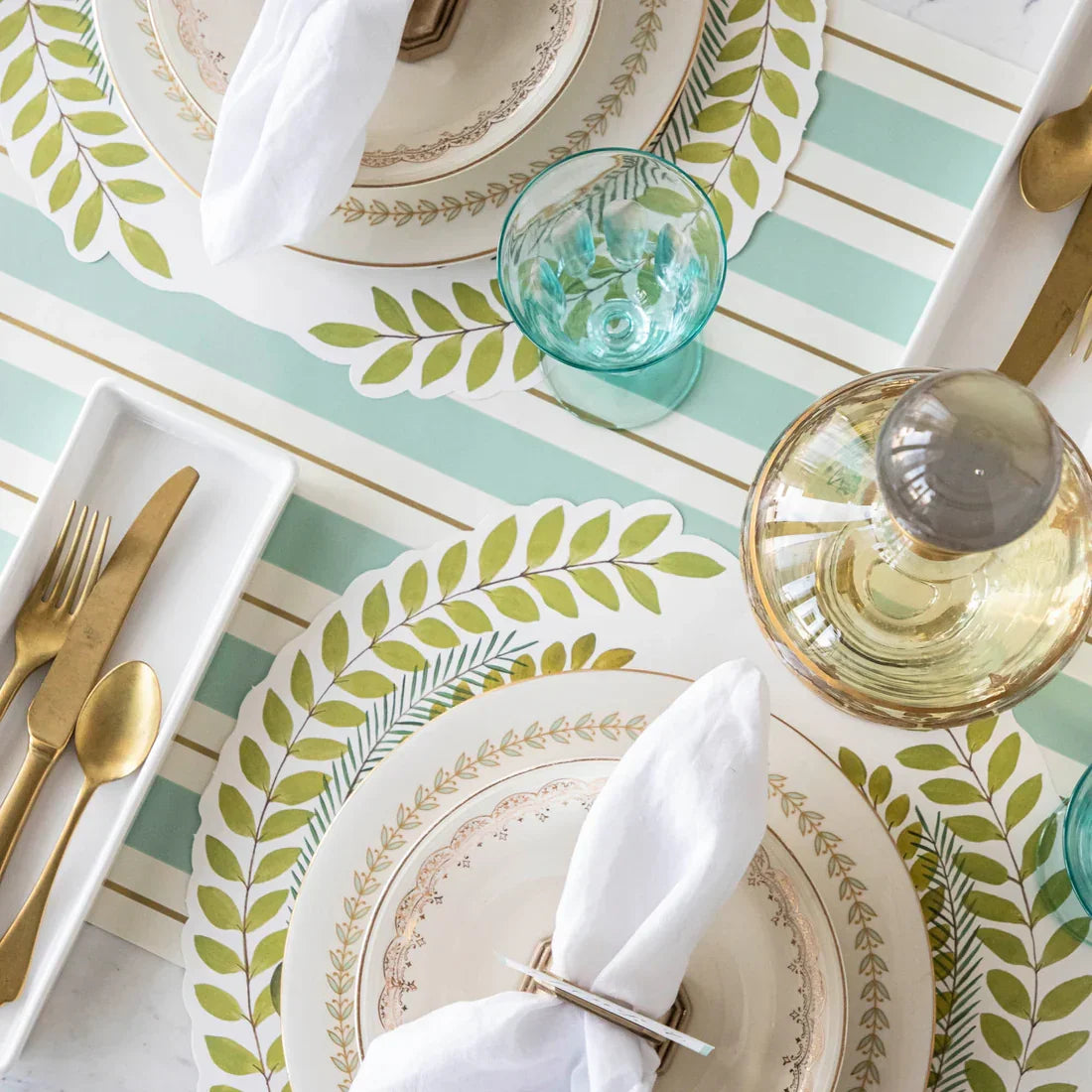 Hester & Cook Seafoam & Gold Awning Stripe Runner - Marcel’s Culinary Experience