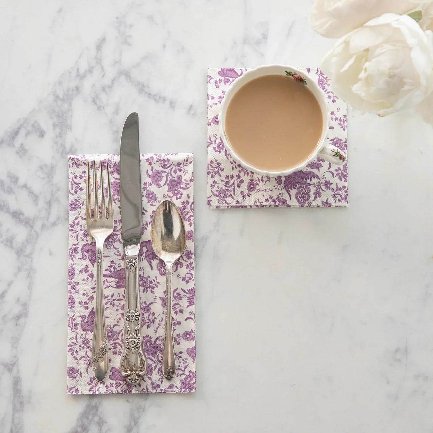 Hester & Cook Lilac Regal Peacock Guest Napkins - Marcel’s Culinary Experience