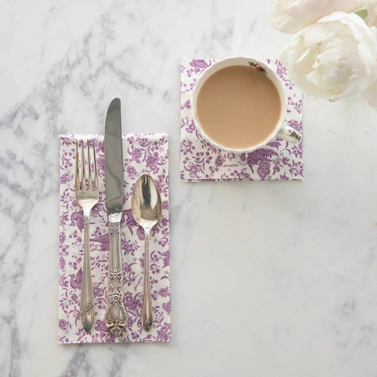 Hester & Cook Lilac Regal Peacock Guest Napkins - Marcel’s Culinary Experience