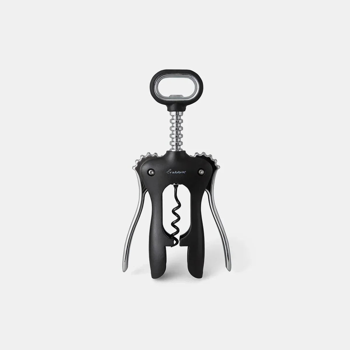 Black and silver wing corkscrew wine opener with ergonomic handles on white background