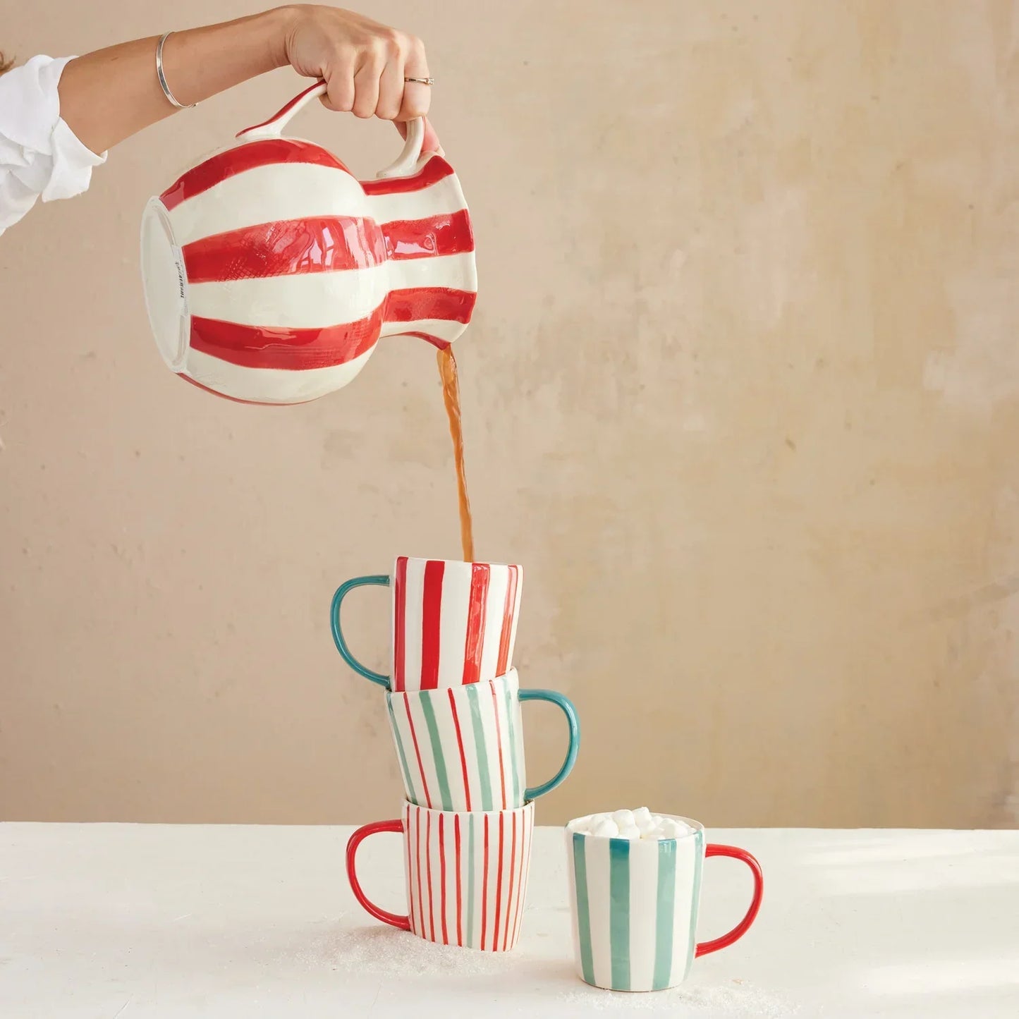 Hand-Painted Stoneware Striped Pitcher with Linen Texture - Marcel’s Culinary Experience