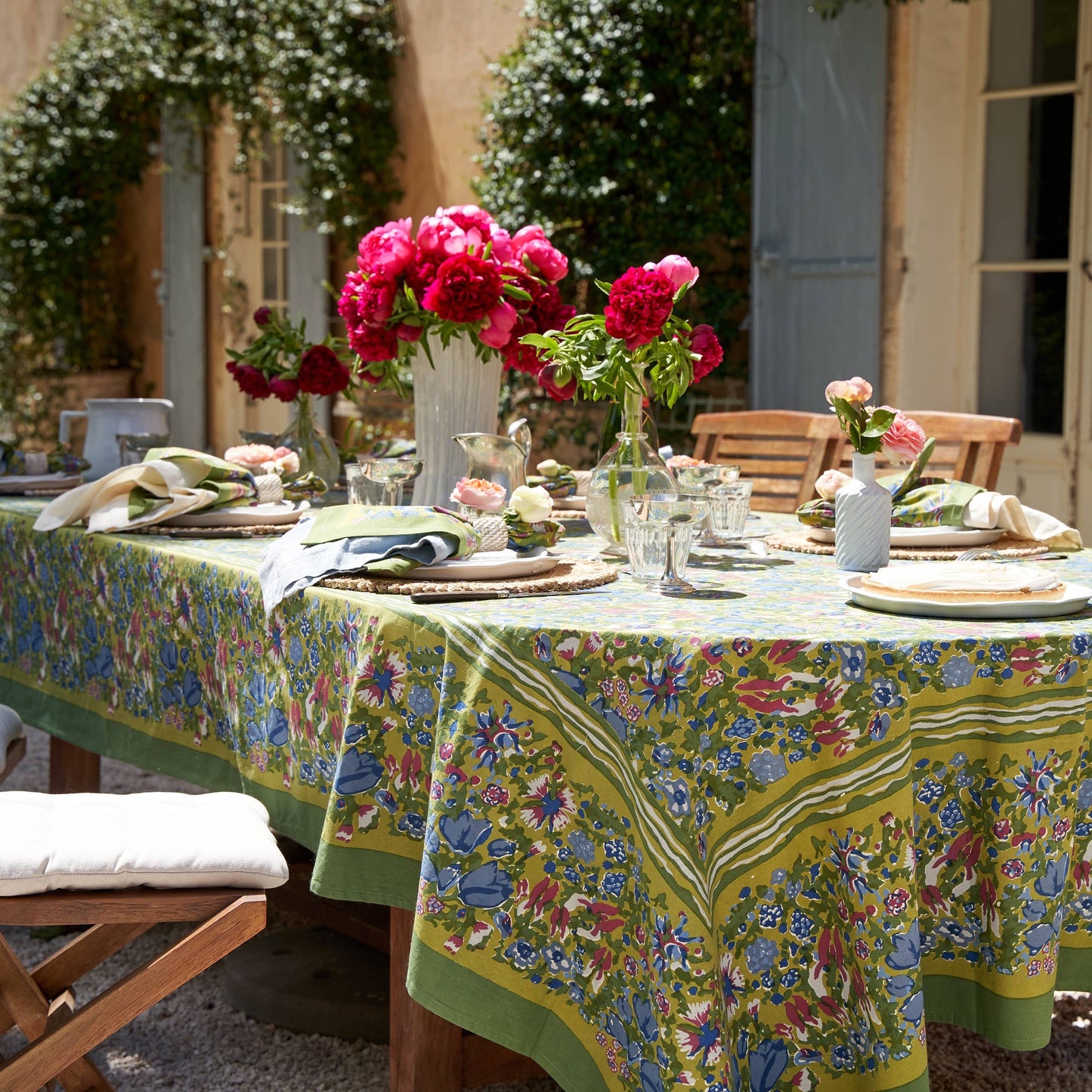 Couleur Nature Jardin Blue & Vert Tablecloth - Hand-Printed French Garden Table Linen