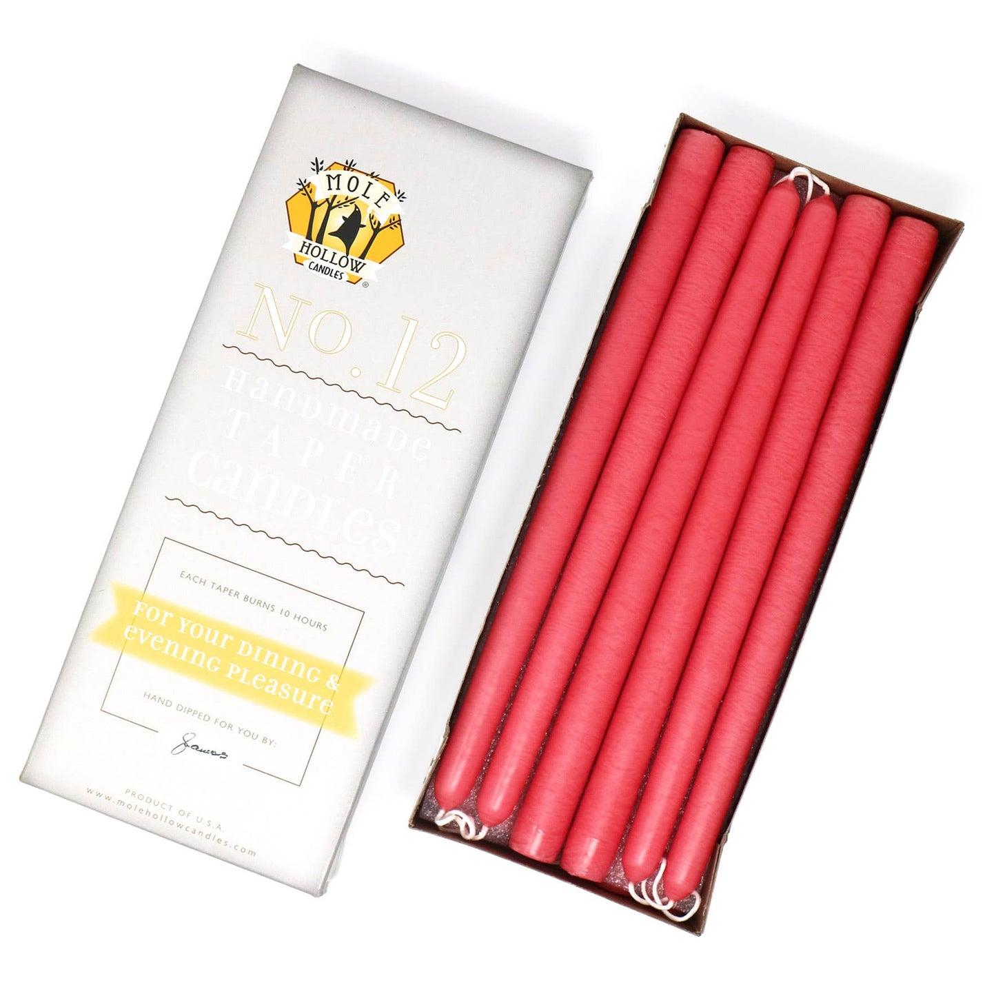 Mole Hollow Hand Dipped Unscented Taper Candles 12"
