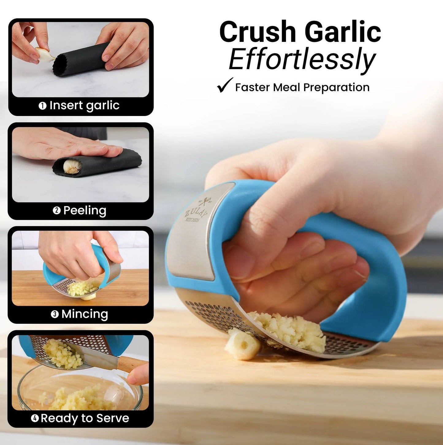 Garlic Press Rocker With Silicone Peeler & Scraper Set