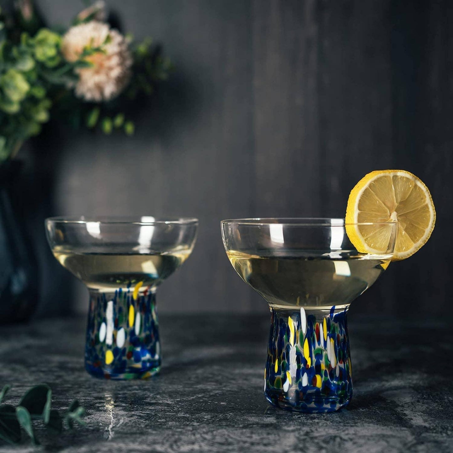 Hand-Blown Confetti Margarita Glasses - Stemless Set of 2, 14 oz
