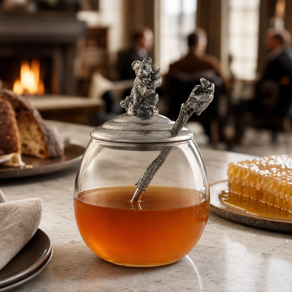 Glass & Pewter Little Bear Honey Pot | 5 Inch