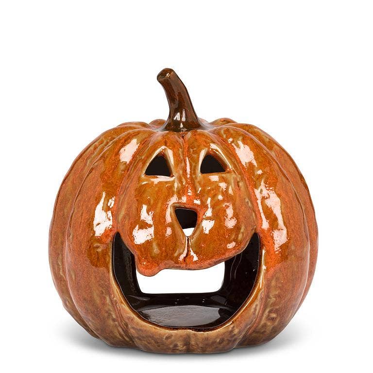 Glossy Orange Porcelain Jack-O'-Lantern Candle Holder