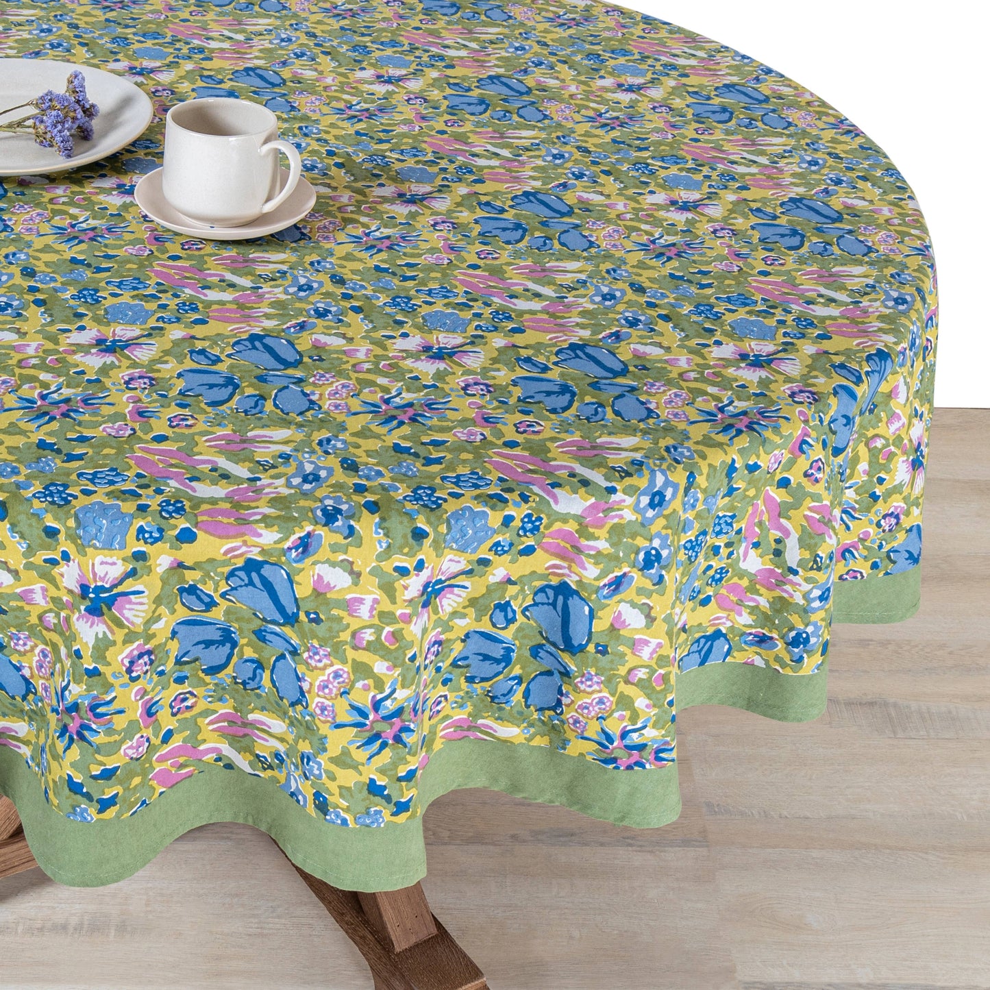 Couleur Nature Jardin Blue & Vert Tablecloth - Hand-Printed French Garden Table Linen