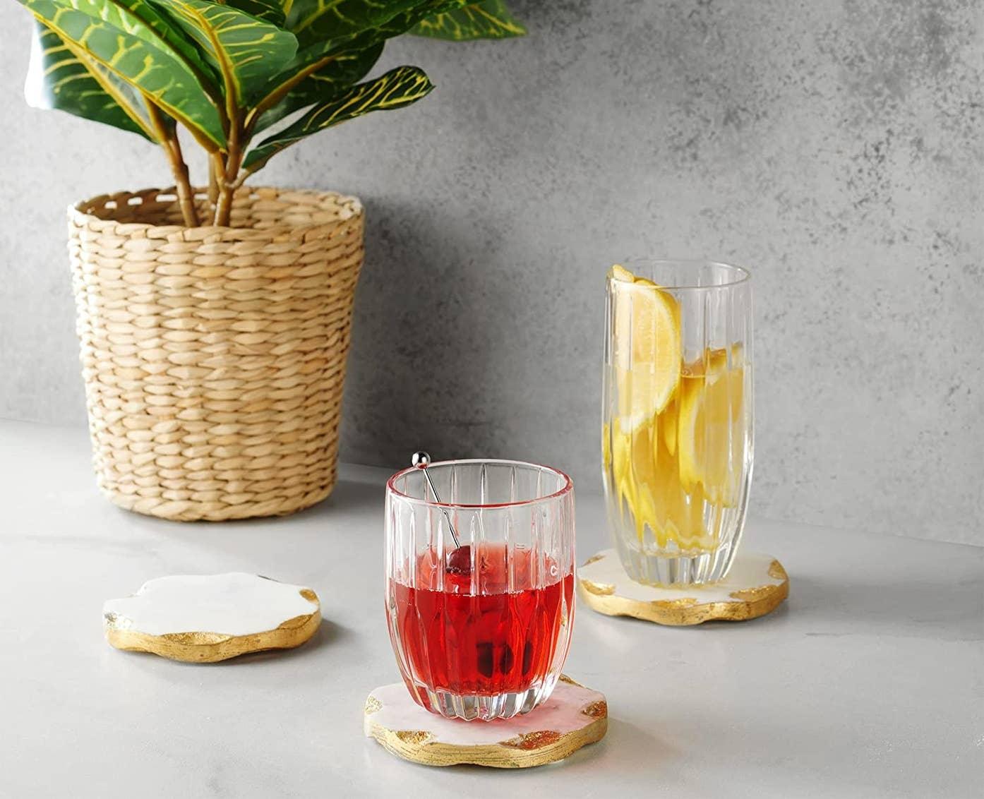 Round Marble Coasters Set of 4 with Gold Edge - Premium Marble