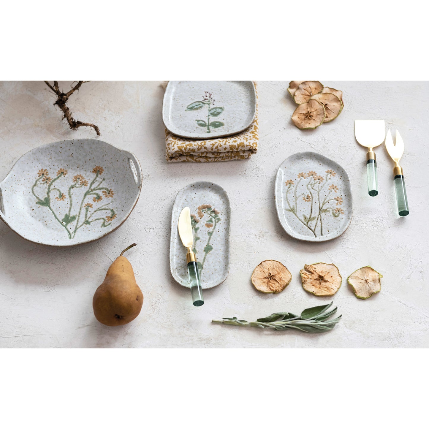 Hand-Painted Stoneware Bowl w/ Handles & Botanicals