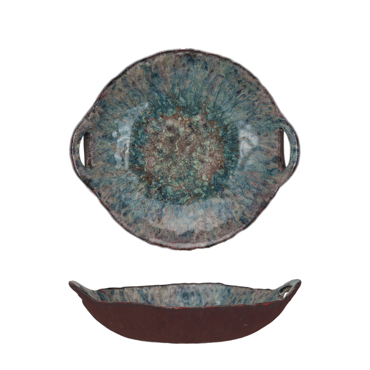 Stoneware Bowl with Handles, Reactive Glaze