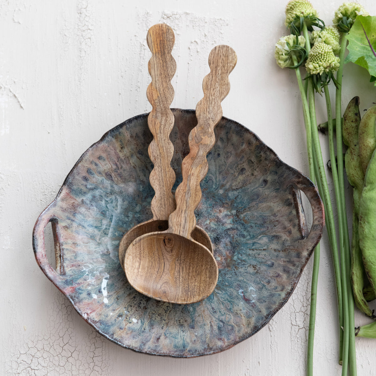 Stoneware Bowl with Handles, Reactive Glaze