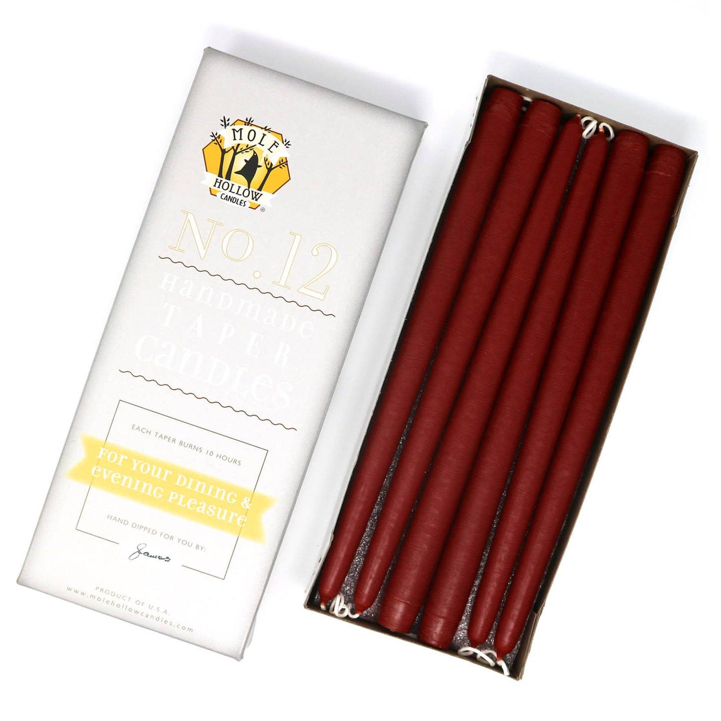 Mole Hollow Hand Dipped Unscented Taper Candles 12"