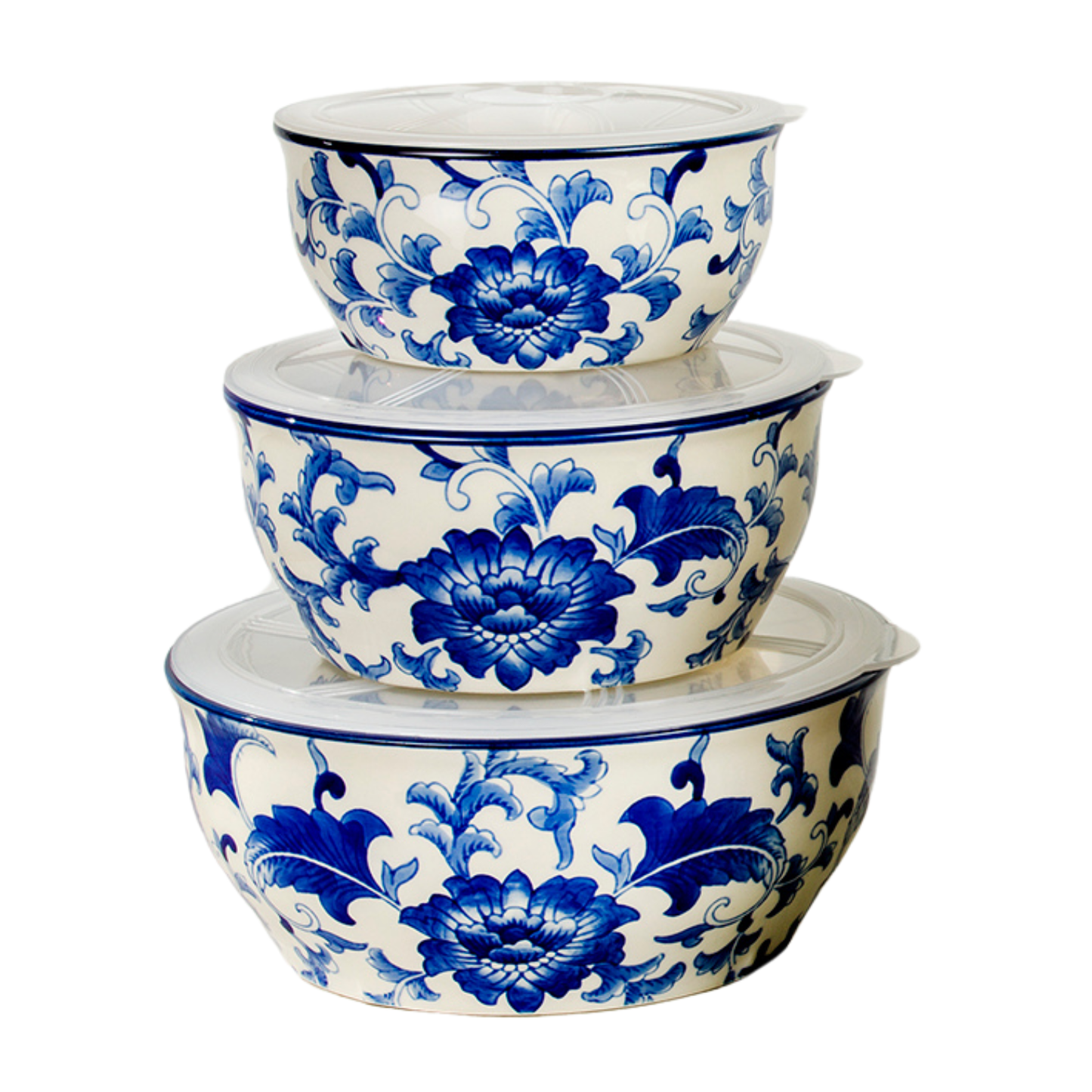 Blue Garden Blue and White Stoneware Storage Bowls, Set of 3