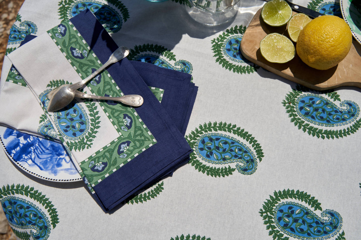 Couleur Nature Cassis Blue & Green Dinner Napkins - Hand-Printed Cloth Napkins Set of 6