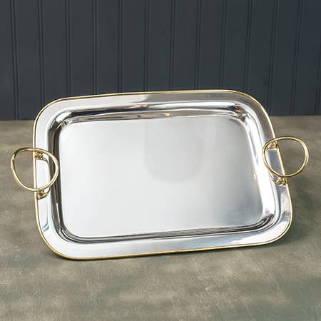 Stainless Steel Serving Tray with Gold Rim, 14.5 × 10.5 in