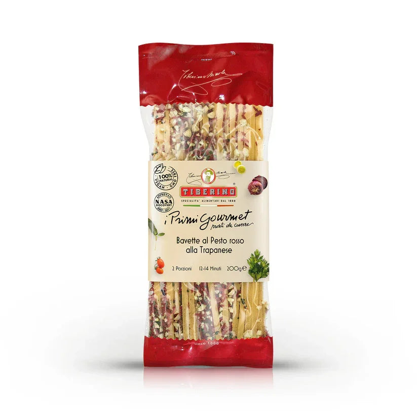 Tiberino Bayette pasta with red pesto alla Trapanese, 200g gourmet Italian pasta package