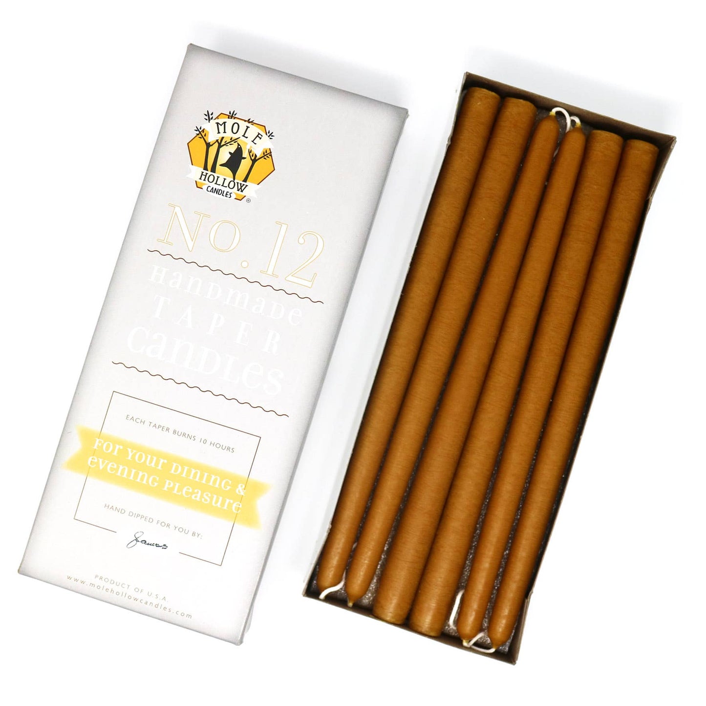 Mole Hollow Hand Dipped Unscented Taper Candles 12"