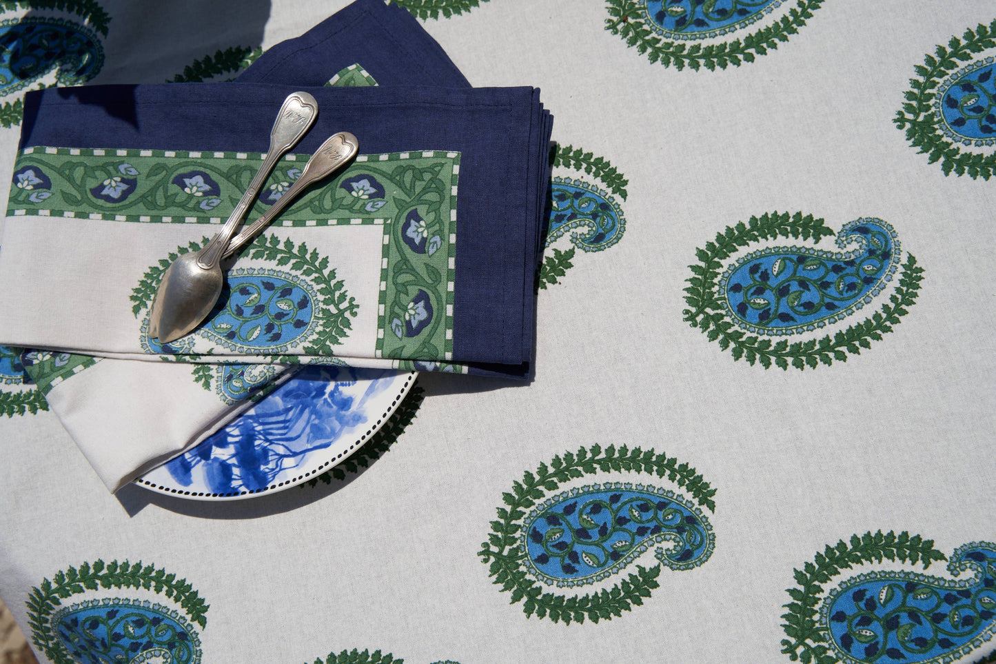 Couleur Nature Cassis Blue & Green Dinner Napkins - Hand-Printed Cloth Napkins Set of 6