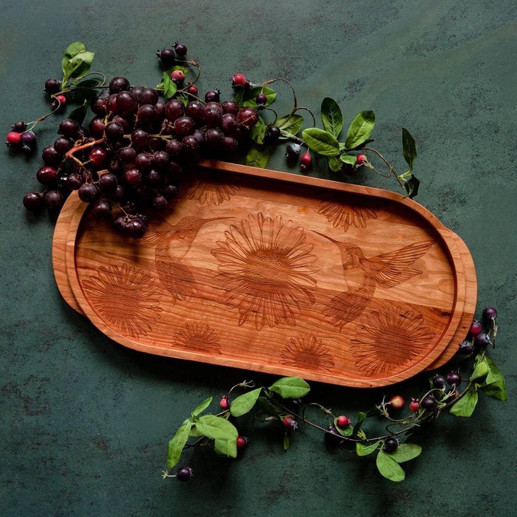 JK Adams Cherry Wood Oval Serving Tray with Laura Zindel Hummingbird Design