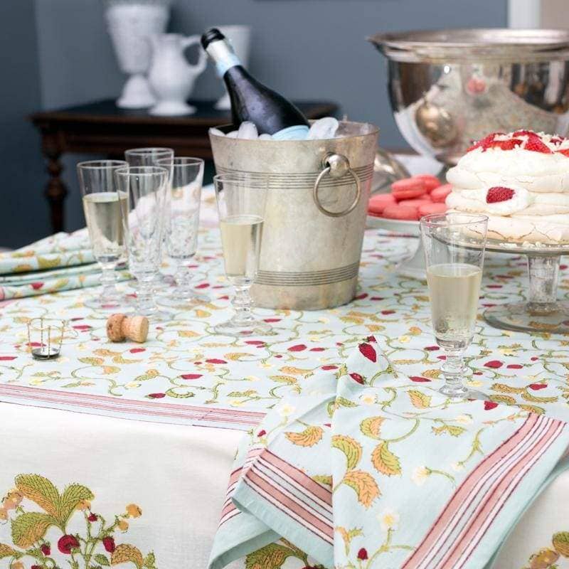 Couleur Nature Fraises des Bois Strawberry Blue Tablecloth - Hand-Printed French Table Linen