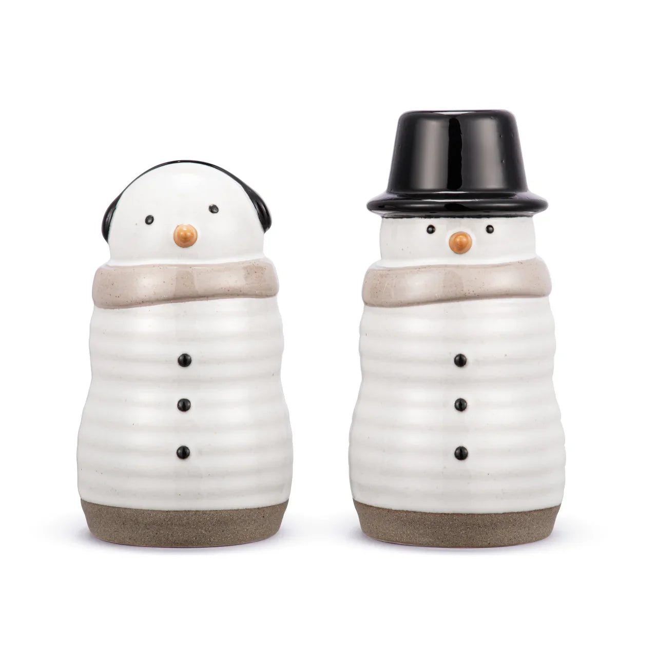 Ceramic snowman and penguin salt and pepper shakers with scarves, buttons, and black hat
