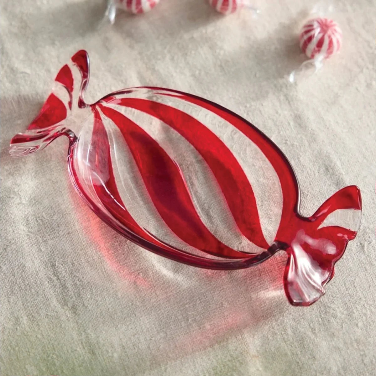 Hand-Painted Red & White Ceramic Candy-Shaped Dish