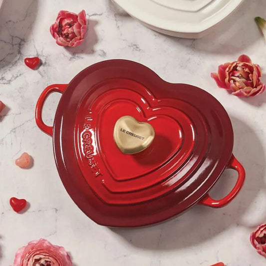 Le Creuset Shallow Heart Cocotte with Light Gold Heart Knob - Cerise