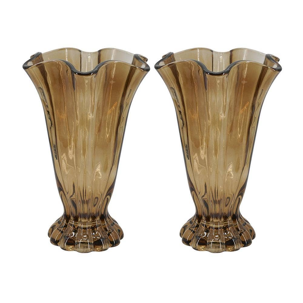 Vintage Brown Ruffle Glass Vase, Small - Brown