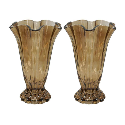 Vintage Brown Ruffle Glass Vase, Small - Brown