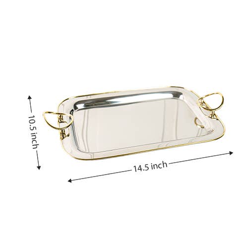 Stainless Steel Serving Tray with Gold Rim, 14.5 × 10.5 in