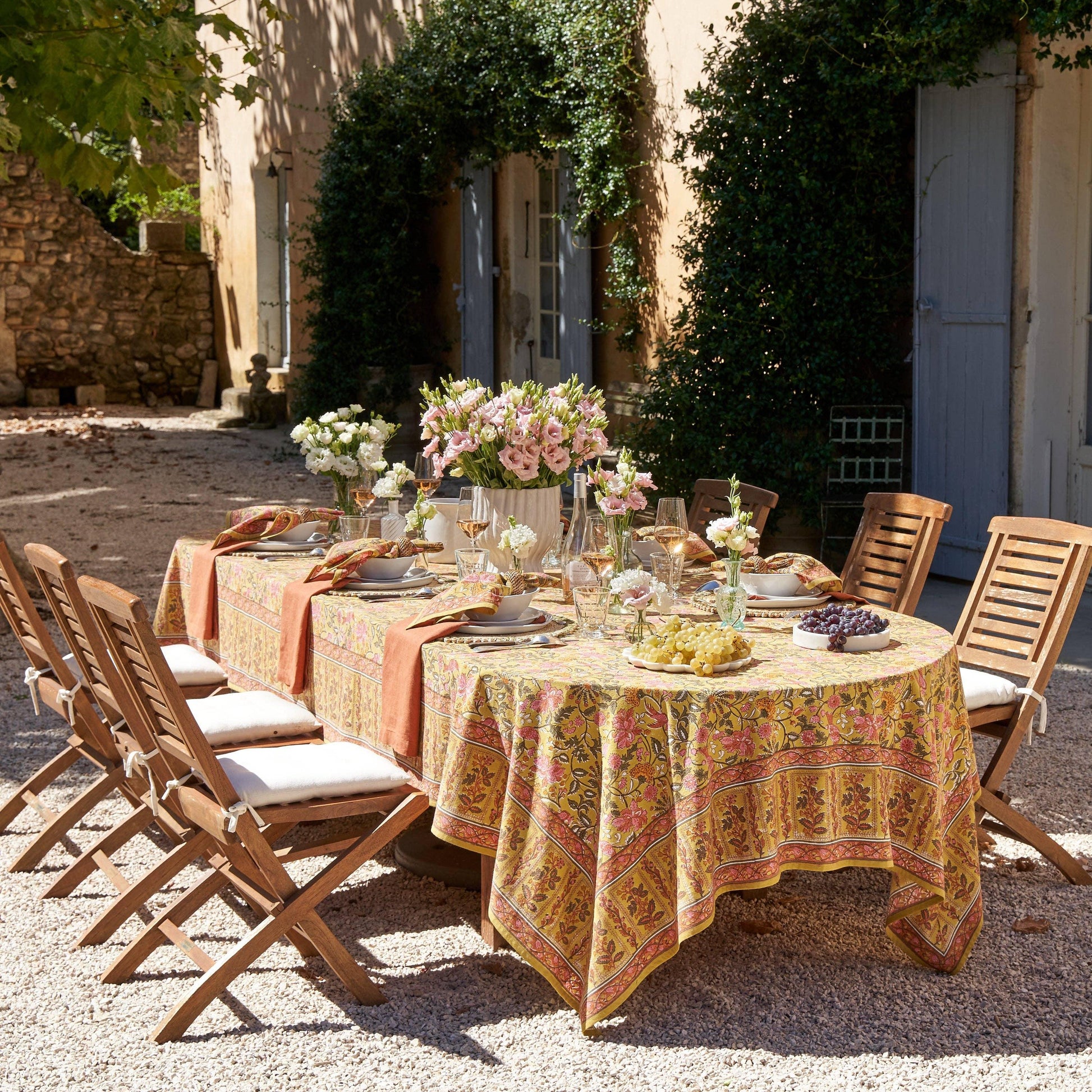 French Tablecloth Damaris Pink & Mustard - Marcel’s Culinary Experience