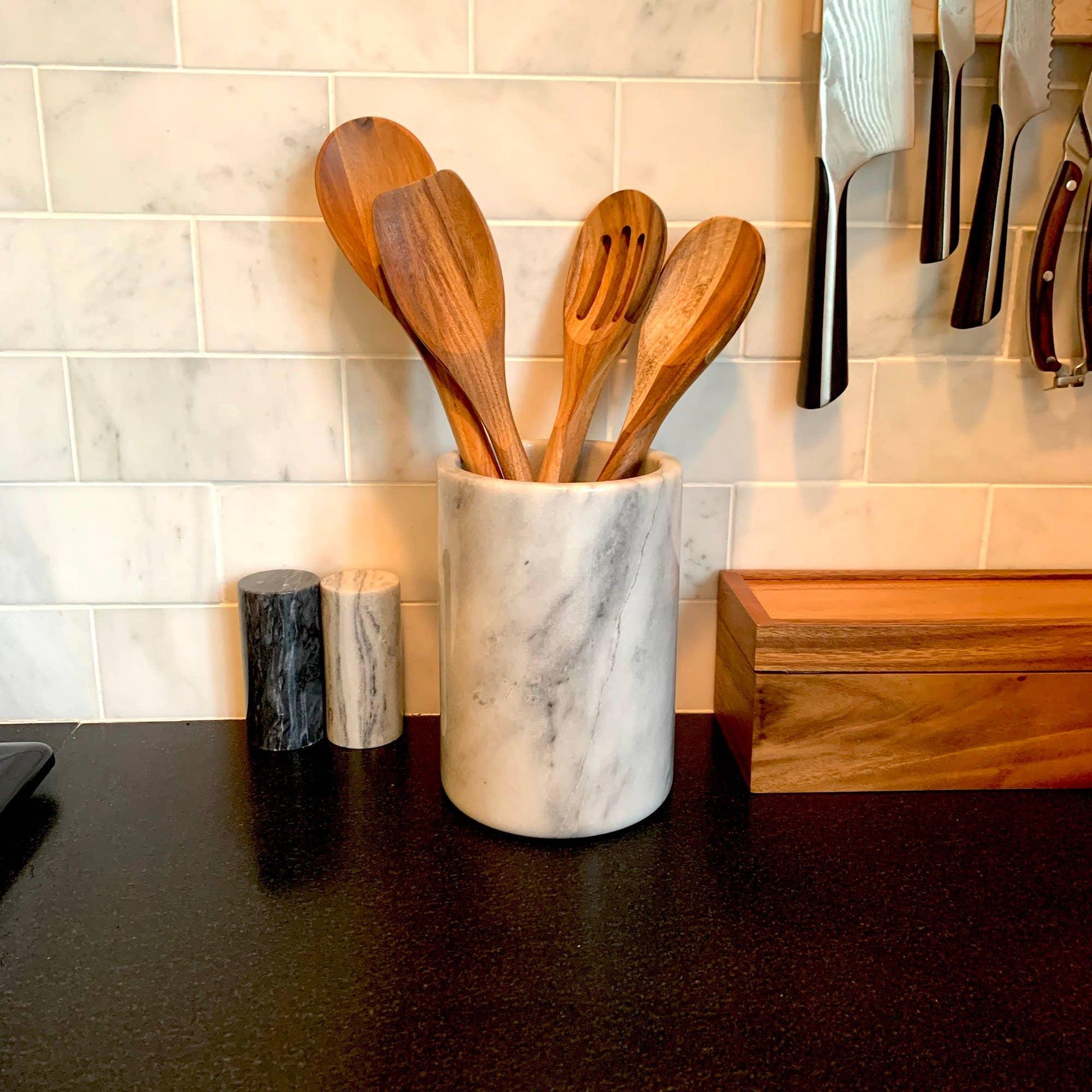 Marble Utensil Holder, White, 4.75" x 4.75" x 7" - Marcel’s Culinary Experience