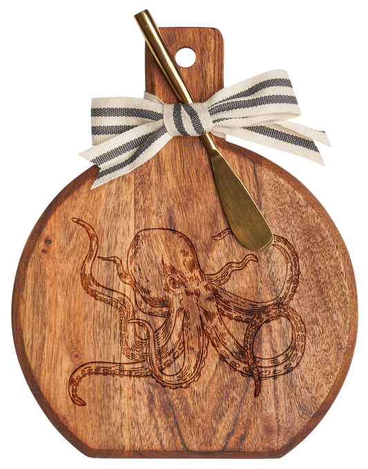 Acacia Wood Serving Board with Gold Spreader Knife - Octopus Design