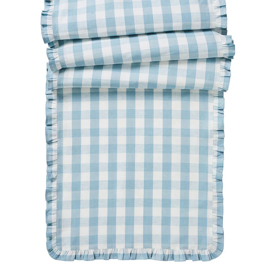Juliska Gingham Ruffle Table Runner - Ocean 18" x 90"