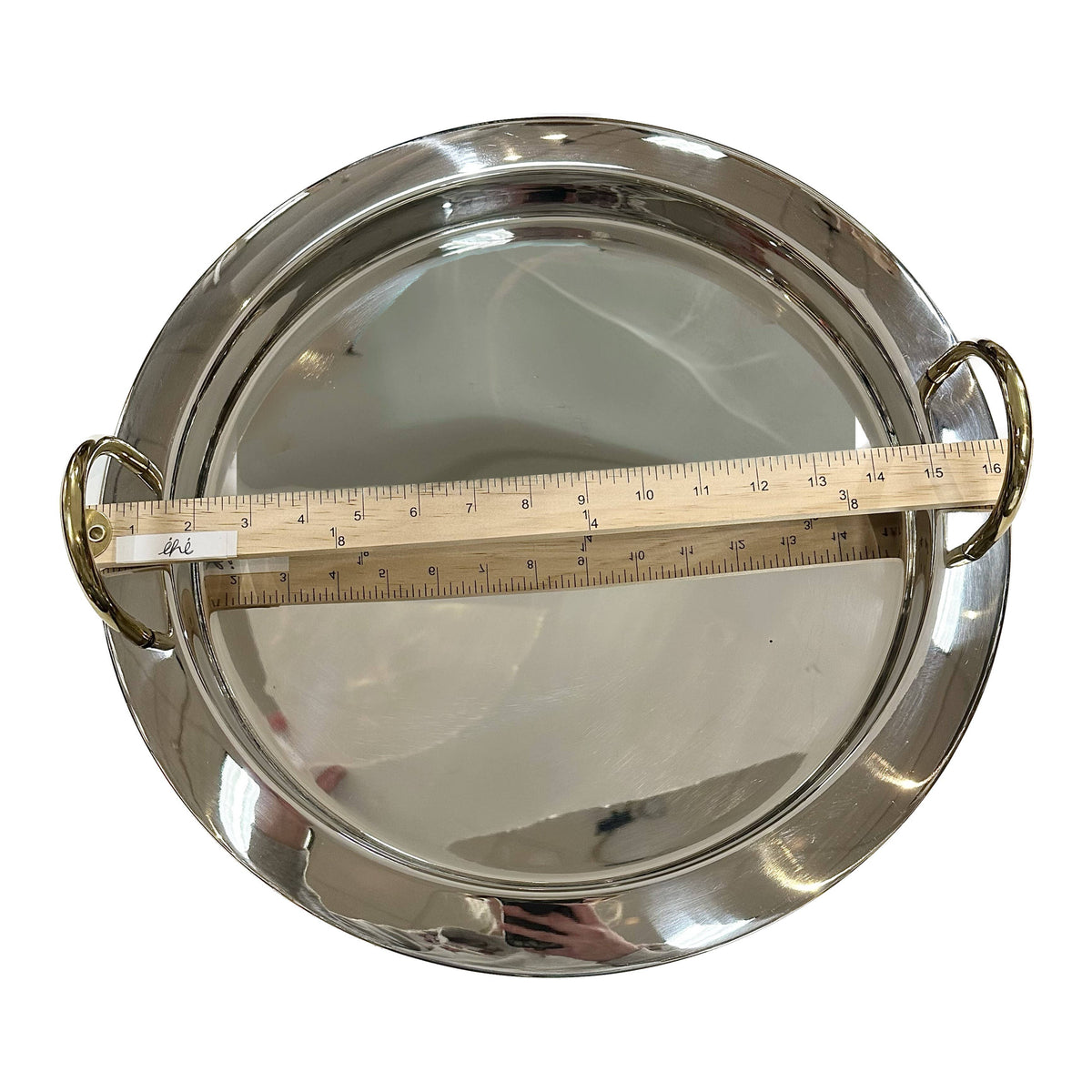 Polished Stainless Steel Round Tray with Gold Handles